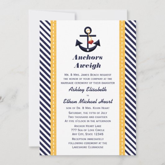 Gele marine Anchor Nautical Wedding Invitations Kaart (Voorkant)