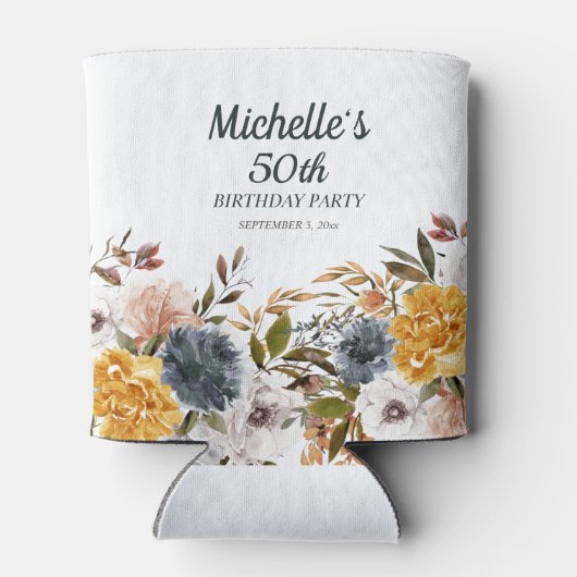 Gele Marine Blauwe Bloemen 50ste Verjaardag Blikjeskoeler (Achterkant)