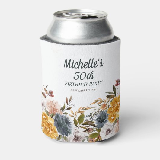 Gele Marine Blauwe Bloemen 50ste Verjaardag Blikjeskoeler (Blikje Achterkant)