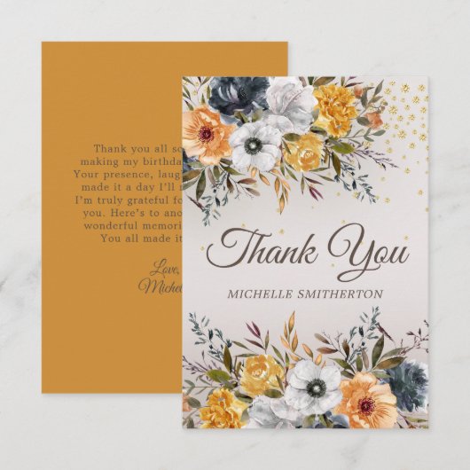 Gele Marine Blauwe Bloemen Glitter Verjaardag Bedankkaart (Voorkant / Achterkant)