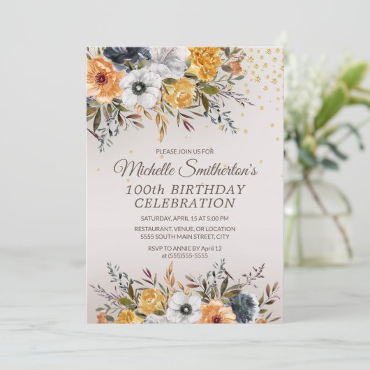 Gele marine Blue Floral Glitter 100th Birthday Kaart (Staand voorkant)