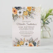 Gele marine Blue Floral Glitter 60th Birthday Kaart (Staand voorkant)