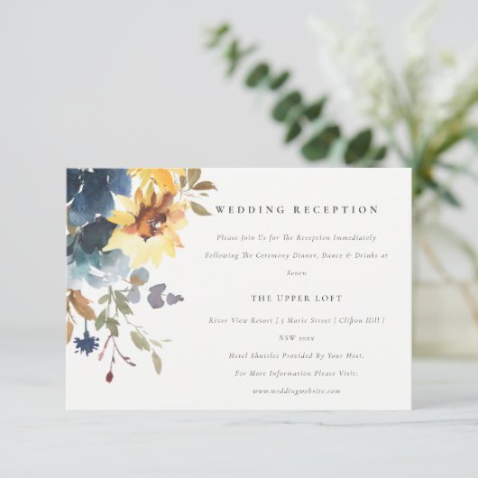 Gele marine zonnebloem bloemenbruiloft receptie informatiekaartje (Staand voorkant)