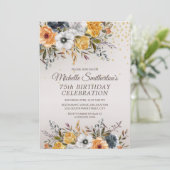 Gele marineblauw Floral Glitter 75th Birthday Kaart (Staand voorkant)