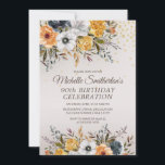 Gele marineblauw Floral Glitter 90th Birthday Kaart<br><div class="desc">mosterdgeel en marineblauw waterverf met goudglitter op een beige uitnodiging van het 90ste verjaardagsfeest. Neem contact met mij op voor hulp bij aanpassingen of voor het aanvragen van matching of het coördineren van Zazzle-producten.</div>