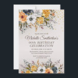 Gele marineblauw Floral Glitter 90th Birthday Kaart<br><div class="desc">mosterdgeel en marineblauw waterverf met goudglitter op een beige uitnodiging van het 90ste verjaardagsfeest. Neem contact met mij op voor hulp bij aanpassingen of voor het aanvragen van matching of het coördineren van Zazzle-producten.</div>