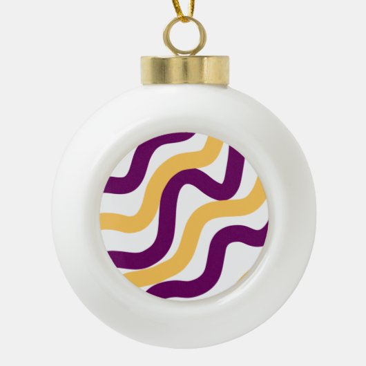 Gele marron roodgolvende lijnen golvend patroonont keramische bal ornament (Voorkant)