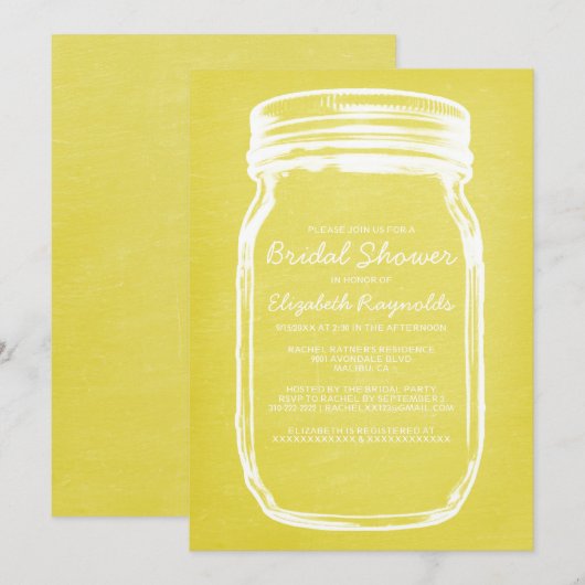 Gele Mason Jar Bridal Shower-uitnodigingen Kaart (Voorkant / Achterkant)