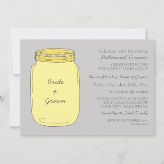 Gele Mason Jar Wedding Rehearsal Dinner Party Kaart (Achterkant)