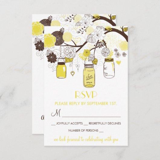 Gele Mason Jars Summer Wedding Floral RSVP Card (Voorkant / Achterkant)