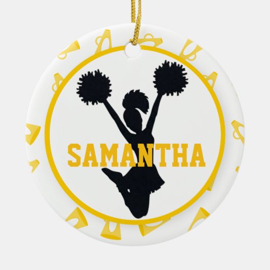 Gele Megaphones en Cheerleader Gepersonaliseerd Keramisch Ornament (Voorkant)