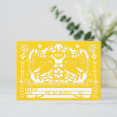 Gele Mexicaanse Fantail Duiven Papel Picado RSVP Kaartje (Staand voorkant)