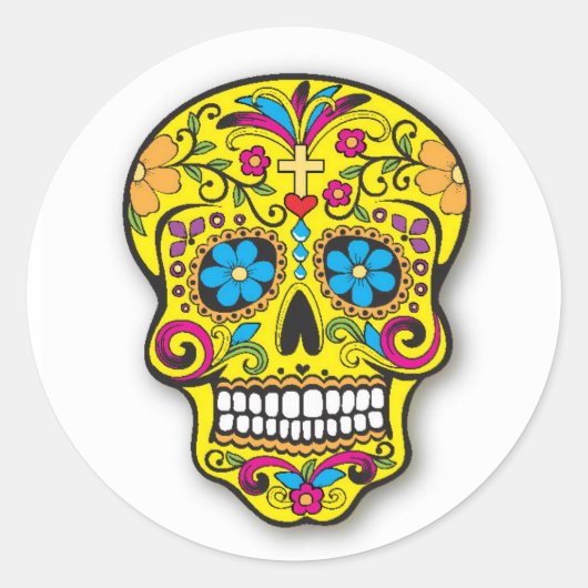 Gele Mexicaanse Suiker Schedel Dag van de Doden Ronde Sticker (Voorkant)