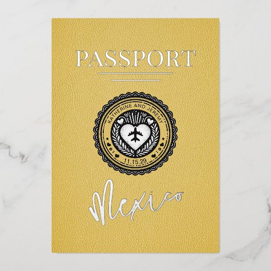 Gele Mexico Passport bruiloft Folie Uitnodiging (Voorkant)