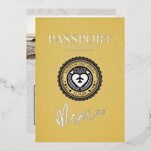 Gele Mexico Passport bruiloft Folie Uitnodiging (Voorkant / Achterkant)