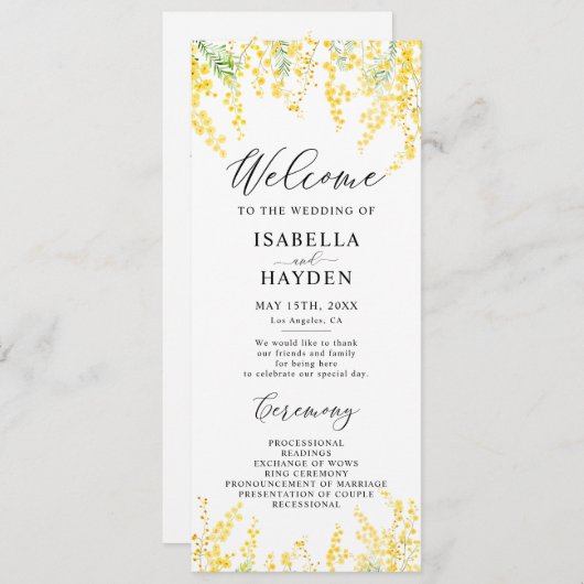 Gele Mimosa Spring Floral Wedding Flat Programma Programmakaart (Voorkant / Achterkant)