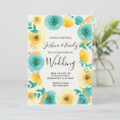 Gele Mint blauw Bloemen bruiloft uitnodiging (Staand voorkant)