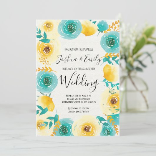 Gele Mint blauw Bloemen bruiloft uitnodiging (Staand voorkant)