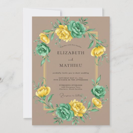 Gele Mint Ranunculus Eucalyptus Bruiloft Kaart (Voorkant)