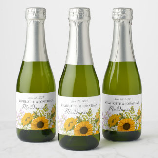 Gele moderne zonnebloemen boeket bruiloft sparkling wijnetiket