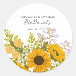 Gele moderne zonnebloemenboeket trouw  ronde sticker