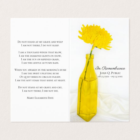 Gele moeder in vaas begrafenisdienst herdenkingsge visitekaartje (Buitenkant ongevouwen)