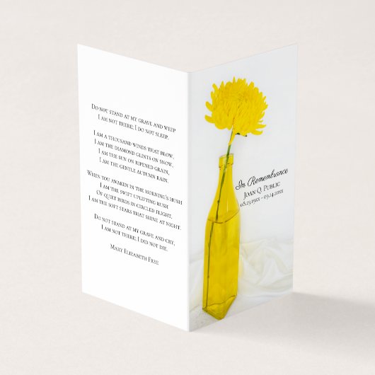 Gele moeder in vaas begrafenisdienst herdenkingsge visitekaartje (Buitenkant)