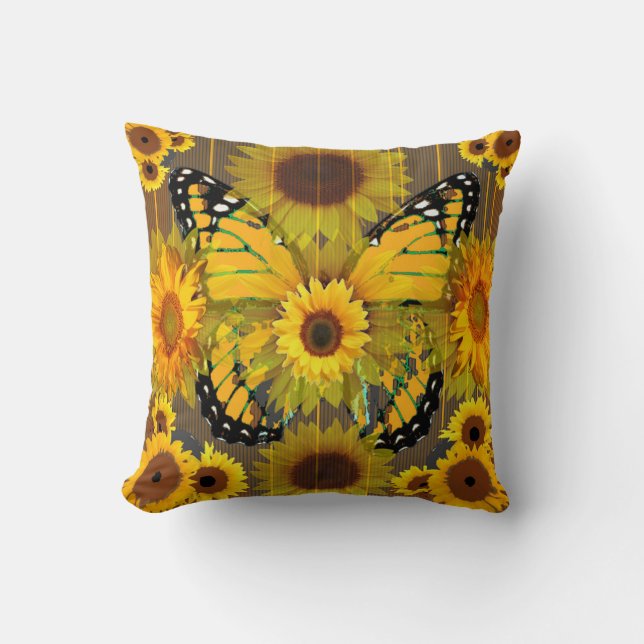 Gele MONARCH BUTTERFLY & Sunflower ART Kussen (Voorkant)