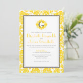 Gele Monogram Damask Wedding Invitations Kaart (Staand voorkant)