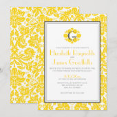 Gele Monogram Damask Wedding Invitations Kaart (Voorkant / Achterkant)