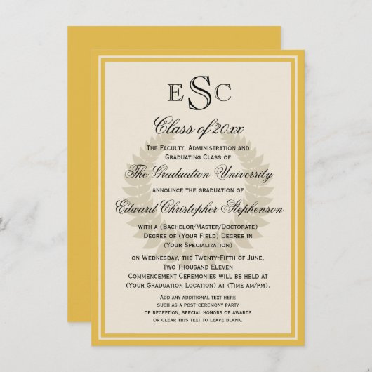 Gele monogram Laurel Classic College Graduation Kaart (Voorkant / Achterkant)