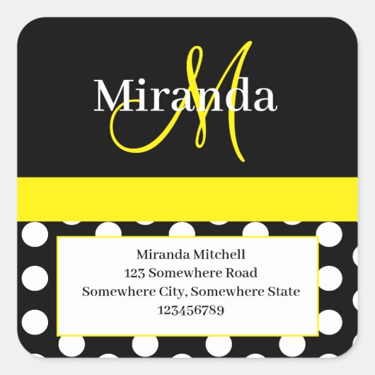 Gele Monogram Witte Polka Dot Retouradres Vierkante Sticker (Voorkant)