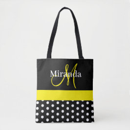 Gele Monogram Zwart met Witte Polka Dots Tote Bag