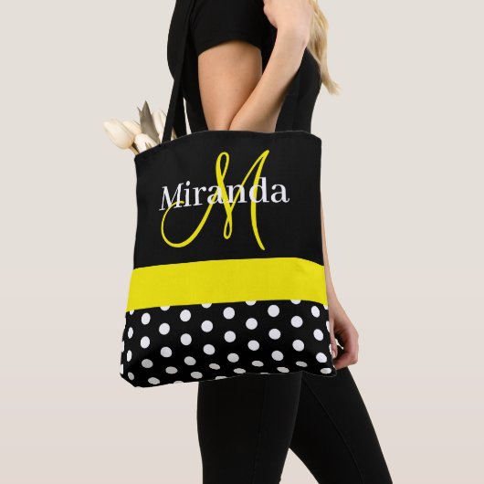 Gele Monogram Zwart met Witte Polka Dots Tote Bag (Dichtbij)