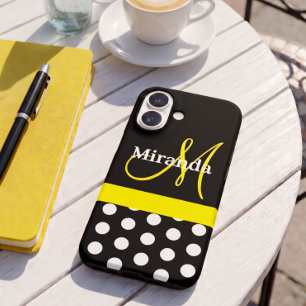 Gele Monogram Zwarte met Witte Stippen iPhone 16 Hoesje