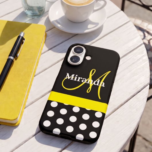 Gele Monogram Zwarte met Witte Stippen Case-Mate iPhone Case
