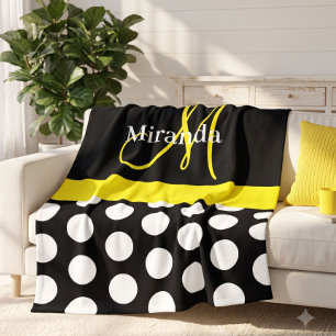 Gele Monogram Zwarte met Witte Stippen Fleece Deken