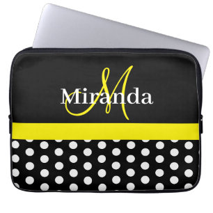 Gele Monogram Zwarte Witte Stippen Laptop Sleeve