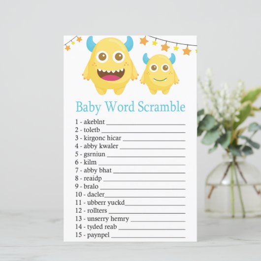 Gele Monster Baby word scramble game (Staand voorkant)