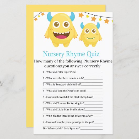 Gele monster Nursery Rhyme Quiz baby shower game (Voorkant / Achterkant)