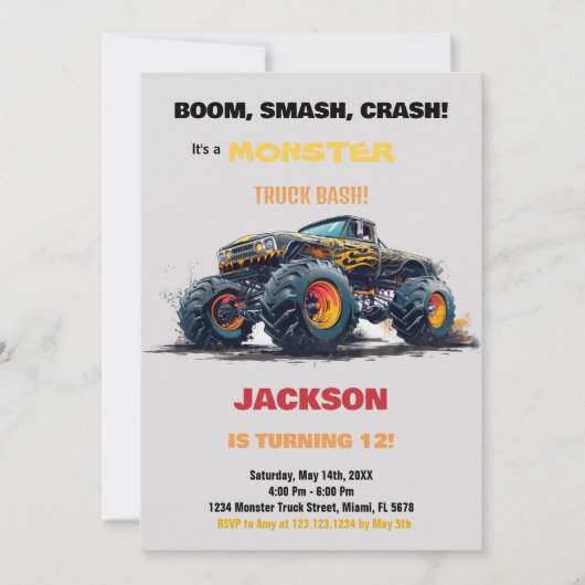 Gele Monster Truck Verjaardag Uitnodigingen (Voorkant)