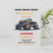 Gele Monster Truck Verjaardag Uitnodigingen (Staand voorkant)