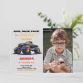 Gele Monster Truck Verjaardag Uitnodigingen Foto (Staand voorkant)