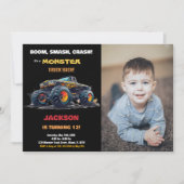 Gele Monster Truck Verjaardag Uitnodigingen Foto (Voorkant)