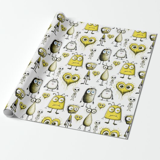Gele monsters cadeaupapier (Uitgerold)