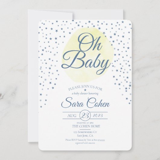 Gele moonsterren Oh Baby Neutrale Shower Kaart (Voorkant)