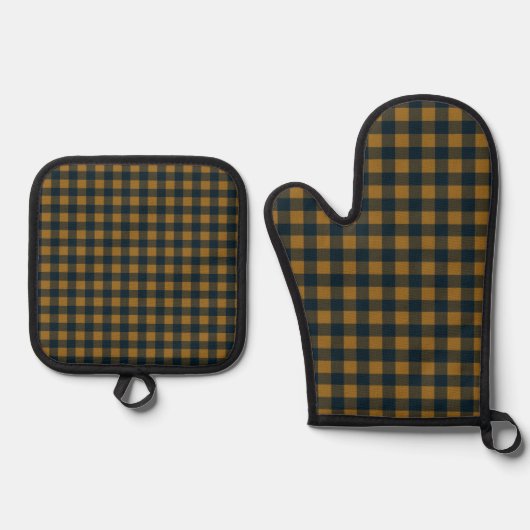 Gele mosterd Buffalo Plaid Boerderij Keuken Ovenwant & Pannenlap Set (Voorkant)