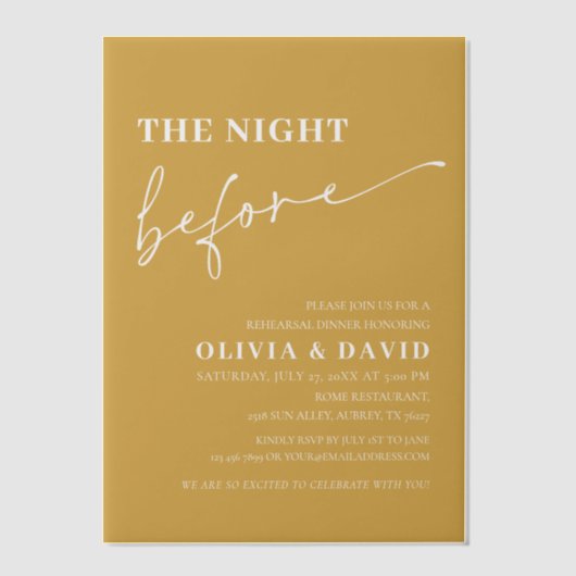 Gele mosterd de avond voor het repetitiediner vellum uitnodigingen (Voorkant)