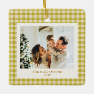 Gele mosterd geruite familiefoto gepersonaliseerd keramisch ornament