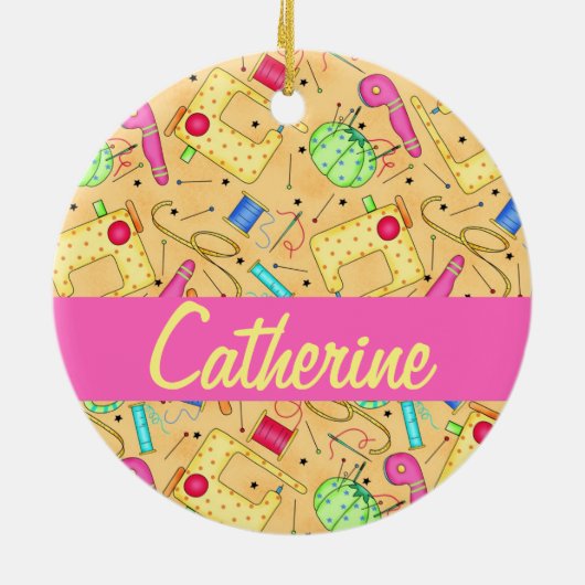 Gele naaigarens Kunstnaam op maat Keramisch Ornament (Achterkant)